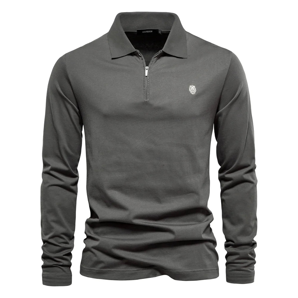 Men's long-sleeve cotton casual polo shirt