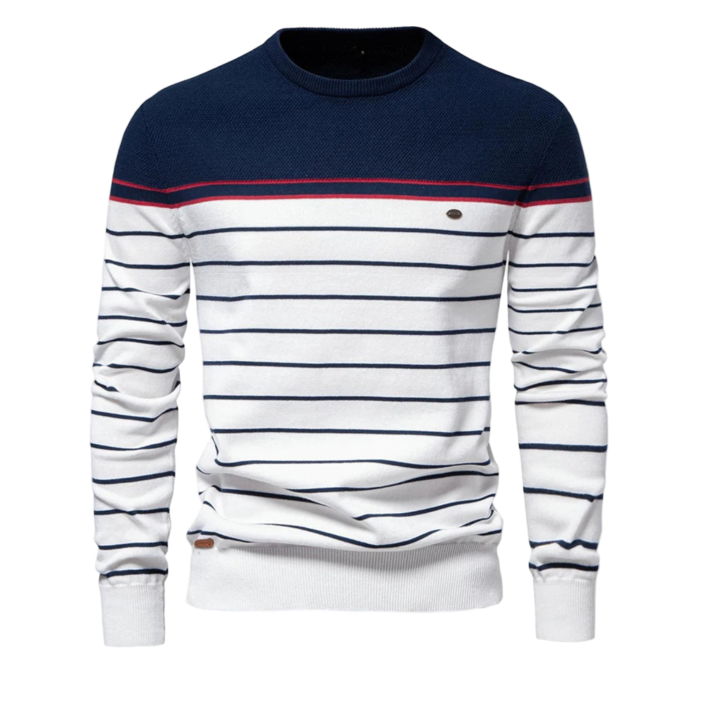 Men’s O-Neck Cotton Sweater – Striped, Casual, and High Quality