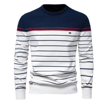 Men’s O-Neck Cotton Sweater – Striped, Casual, and High Quality