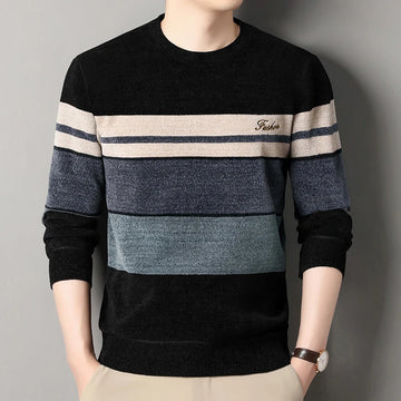 Men's chenille striped round-neck sweater