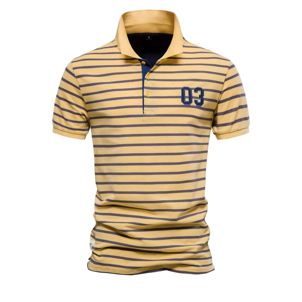 Men’s Cotton Polo – Striped with Embroidery, Short Sleeve, Casual
