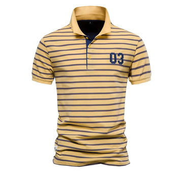 Men’s Cotton Polo – Striped with Embroidery, Short Sleeve, Casual
