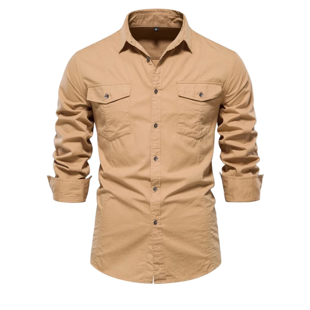 Men’s Military-Style Shirt 2023 – 100% Cotton, Solid, Slim, Long Sleeve