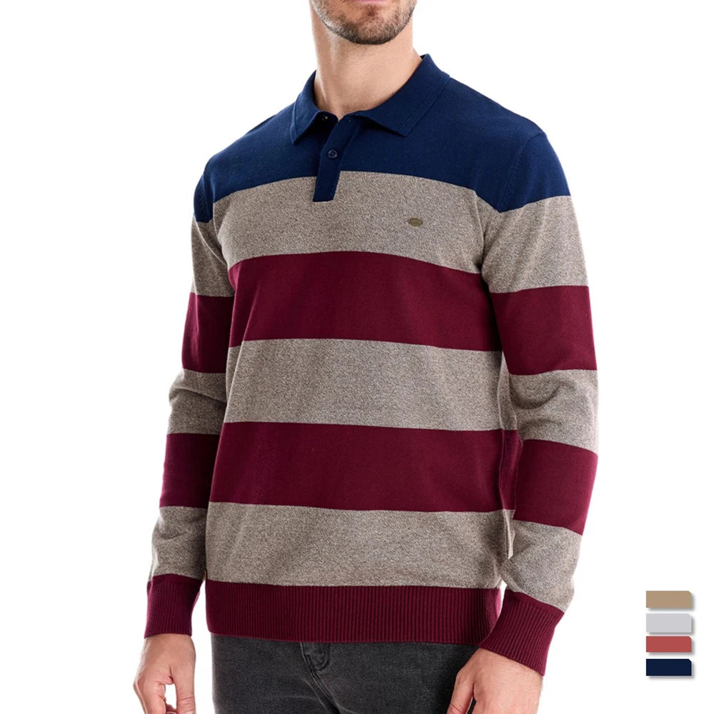 Men's striped cotton button-up polo sweater