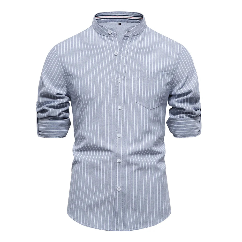 Men’s Striped Shirt – Solid, Long Sleeve, Stand Collar with Pocket