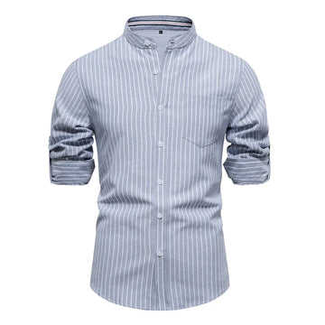 Men’s Striped Shirt – Solid, Long Sleeve, Stand Collar with Pocket