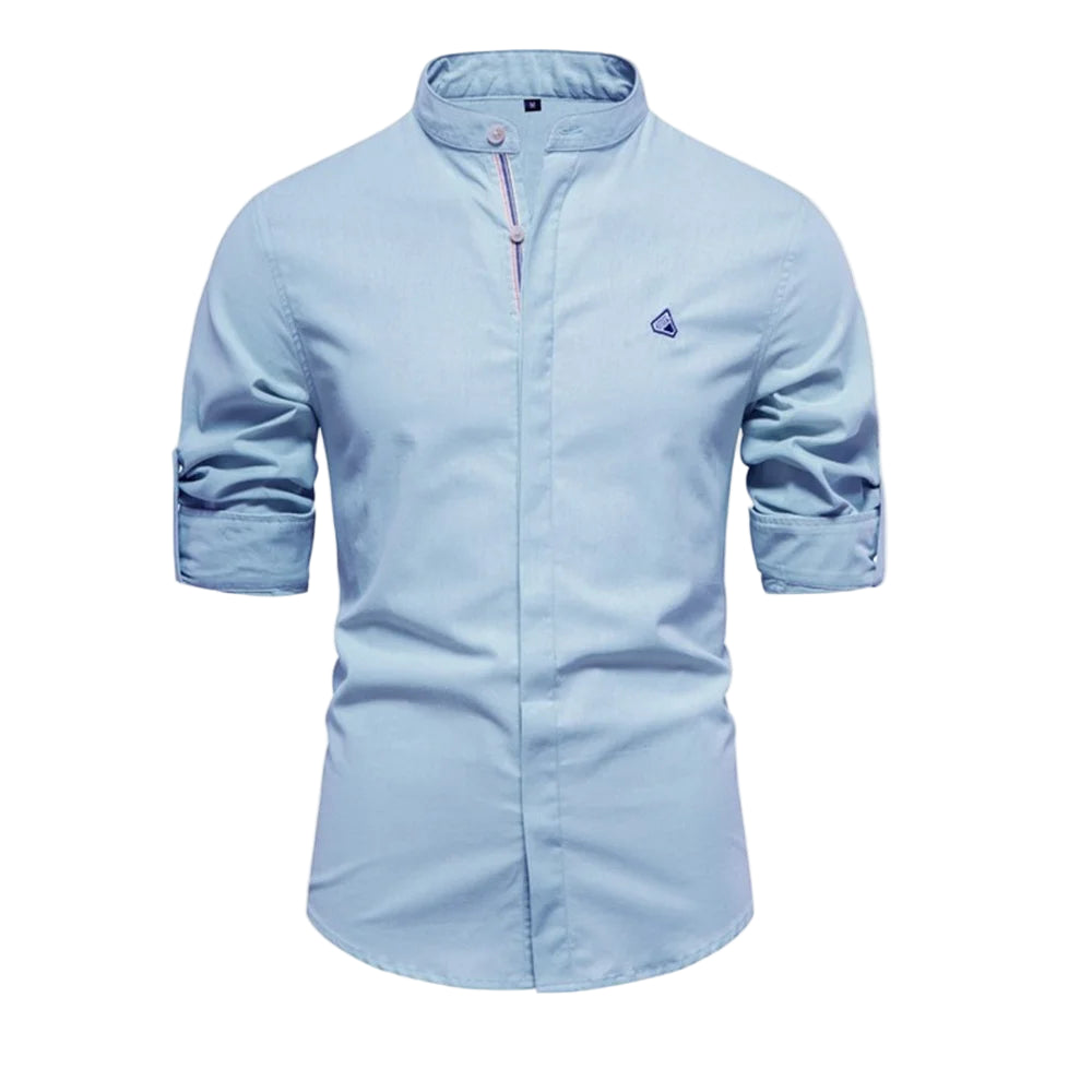 Men’s Solid Shirt – 100% Cotton, Stand Collar, Long Sleeve, Casual