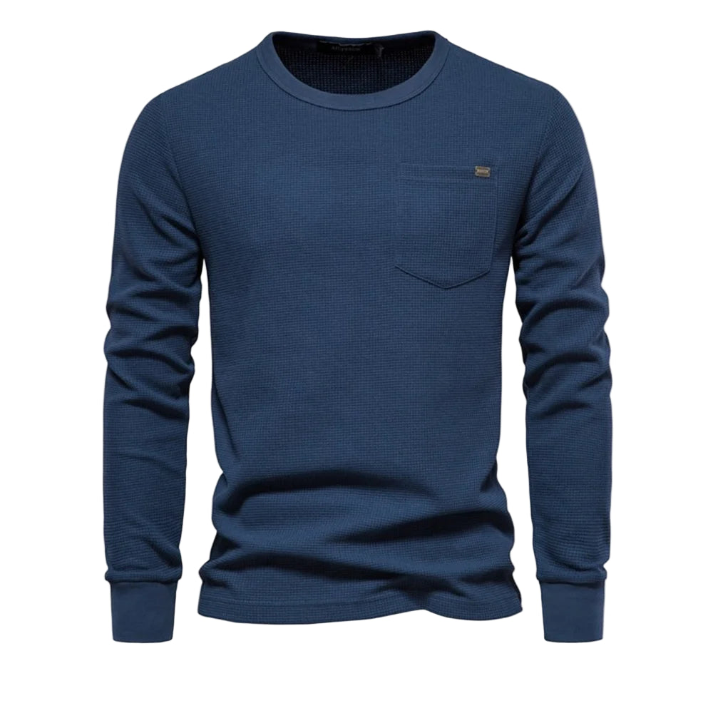 Men’s Waffle Cotton Long Sleeve Tee – Solid, Pocketed, Breathable Autumn Basic