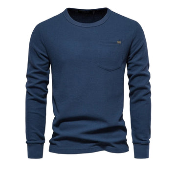 Men’s Waffle Cotton Long Sleeve Tee – Solid, Pocketed, Breathable Autumn Basic