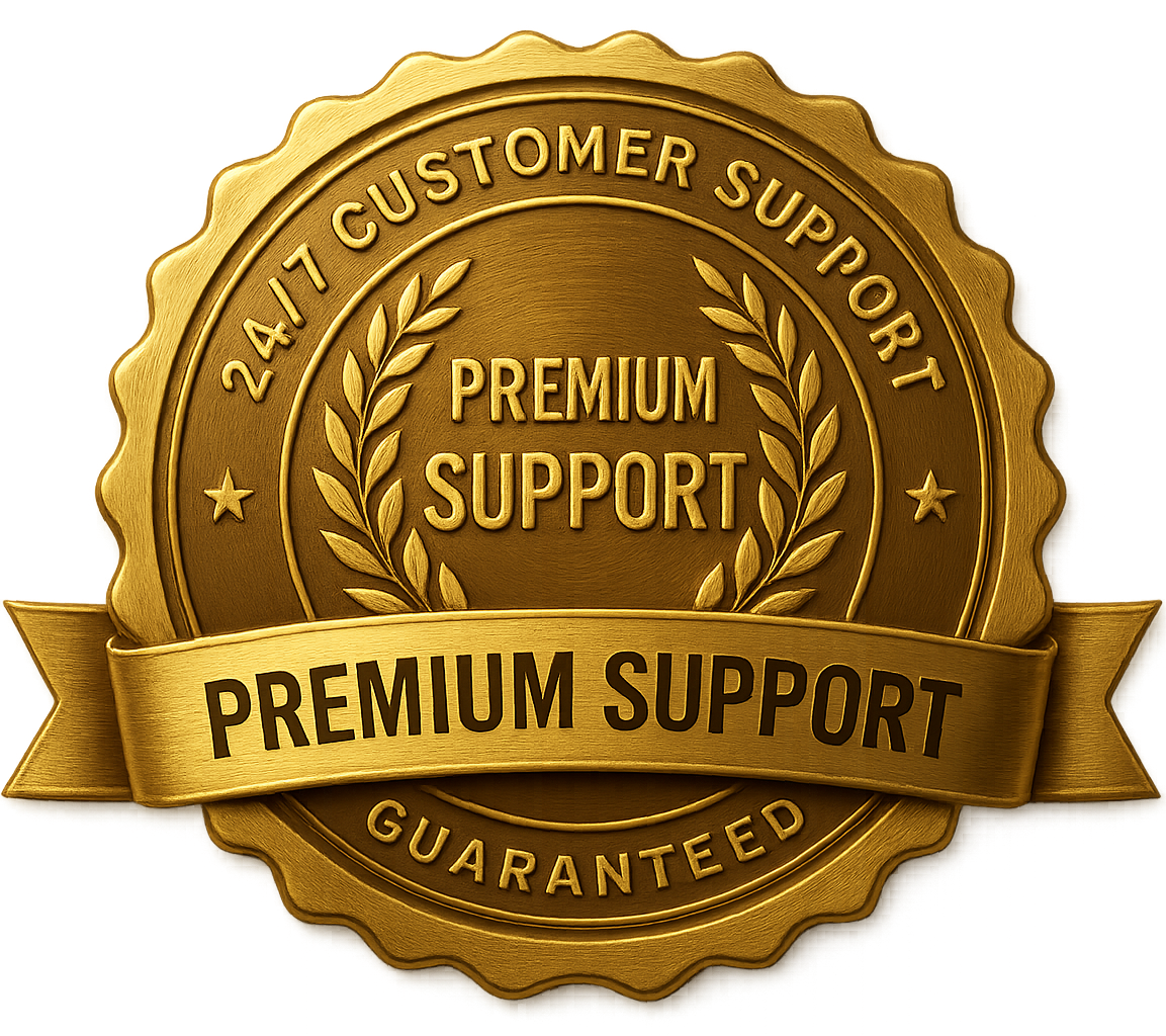 Crie um selo de suporte em inglês para lojas online dourado 