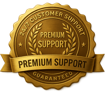 Crie um selo de suporte em inglês para lojas online dourado 